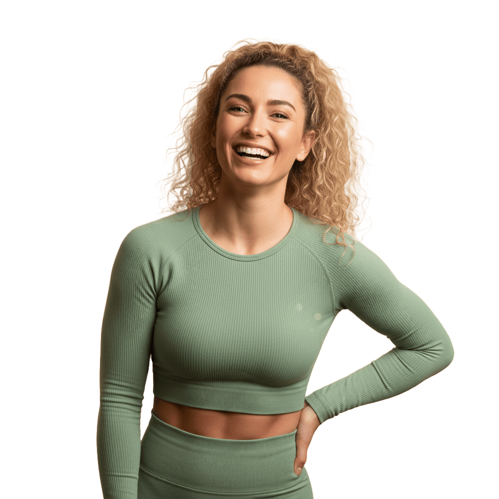 Female athlete smiling after injury recovery, showcasing improved mobility and strength through sports medicine techniques.