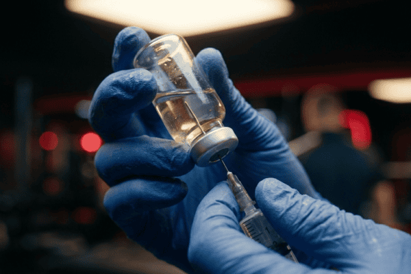 Close-up of a medical professional preparing a peptide injection, highlighting advanced sports medicine treatments for athlete recovery and performance enhancement.