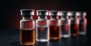 Close-up of peptide therapy vials with red liquid, used in sports medicine for recovery and performance enhancement.