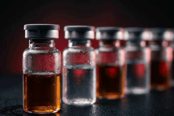Close-up of peptide therapy vials with red liquid, used in sports medicine for recovery and performance enhancement.