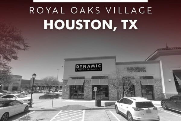 Exterior view of the upcoming Dynamic Sports Medicine clinic at Royal Oaks Village in Houston, TX, showcasing the modern building and parking lot.
