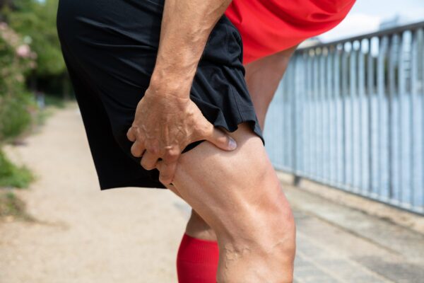 Close-up of a runner in black shorts and a red top gripping the back of their upper thigh in pain while standing on an outdoor path, suggesting a hamstring injury.